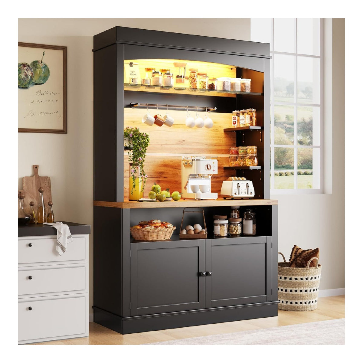 Kuchenschrank Hoher (107x43x184 cm), Vitrine, mit LED-Beleuchtung, Offenes Regal, schwarz