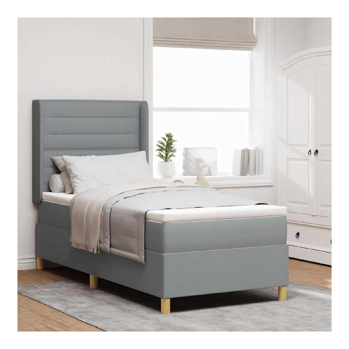 Boxspringbett mit Matratze Hellgrau, 90 x 190 cm Stoff, hohenverstellbares Kopfteil, Stabiler Holzrahmen, goldene Beine fur Schlafzimmer