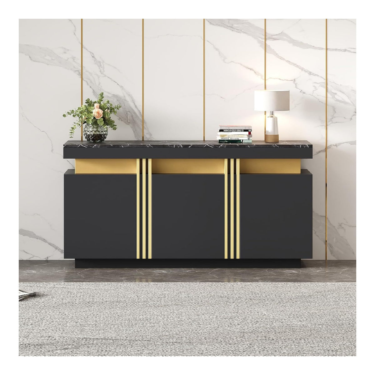 Sideboard Esszimmerschrank in Schwarz mit Marmorplatte, 3 Turen, Verstellbare Trennwande, Esszimmerschrank fur Wohnzimmer, Flur und Buro, Grifflose Aufbewahrung,140x38x70cm