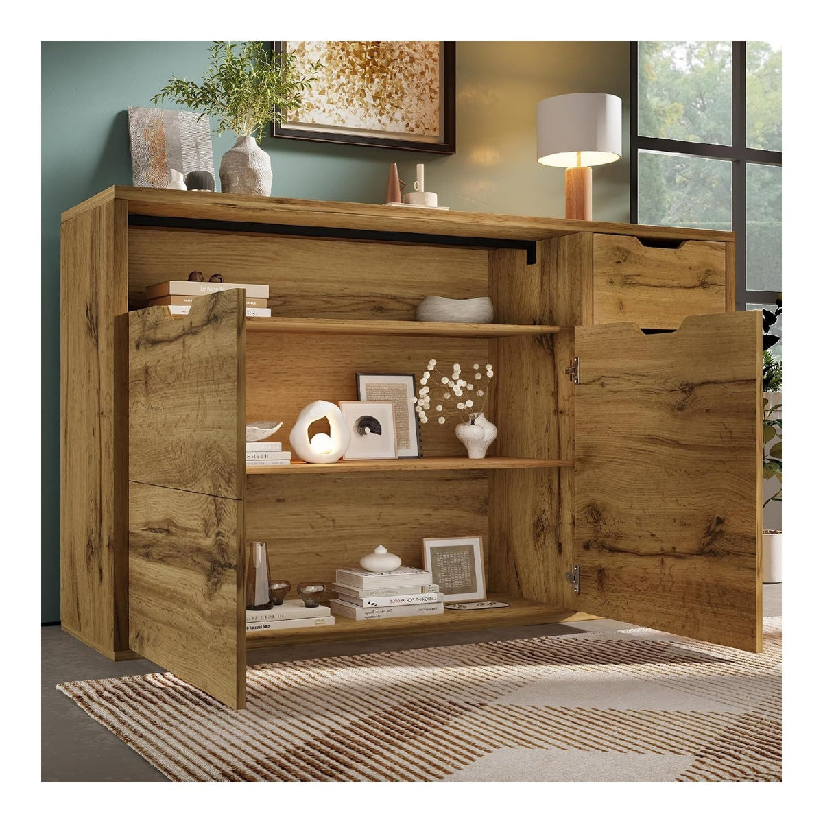 Sideboard Kommode 150x40x90 cm Eicheoptik mit offenem Fach, 2 Turen, 4 Schubladen, hohenverstellbaren Einlegeboden, Softclose-Metallscharniere, Kippsicherung, Aufbewahrung fur Wohnraum & Flur
