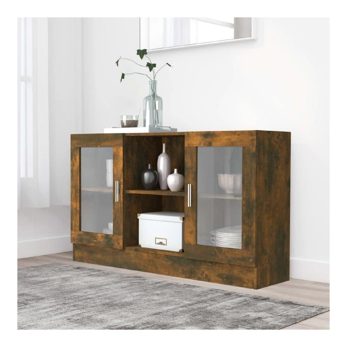 Vitrinenschrank Rauchereiche Holzwerkstoff 120x30,5x70 cm mit viel Stauraum, modernes Highboard mit Glasfach fur Wohnzimmer, Esszimmer, Flur und Buro