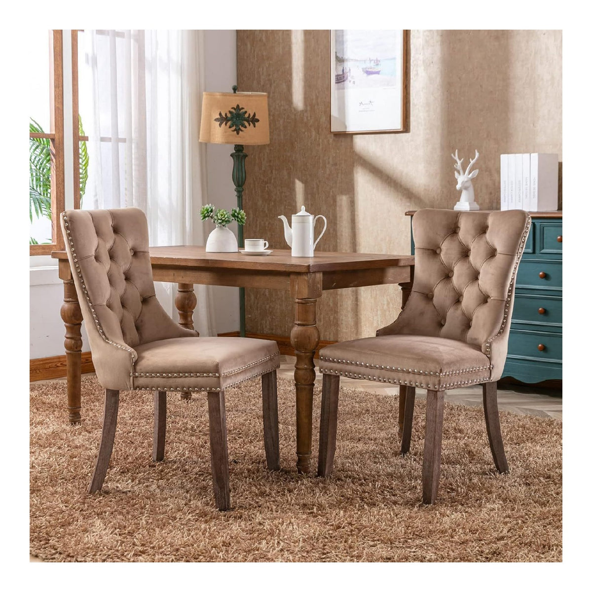 Fahuac Esszimmerstuhle 2er Set, Samt Polsterstuhl mit Massivholzbeinen und Nietenbesatz, Getufteter Kuchenstuhl fur Esszimmer Wohnzimmer, Khaki