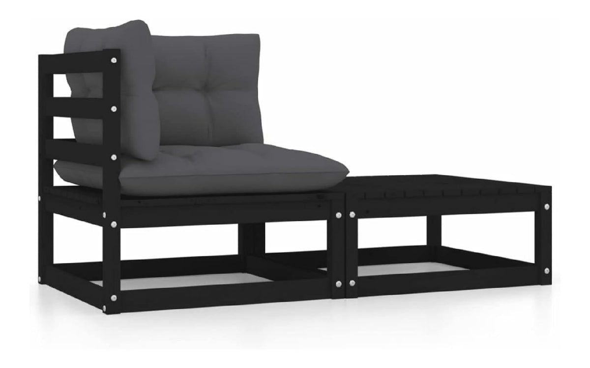 2-teiliges Gartensofa-Set mit Kissen aus massivem Kiefernholz, schwarz, Sofas fur den Au enbereich fur den Garten, Sofa fur Wohnzimmer, Garten, Terrassensofa, Gartenmobel