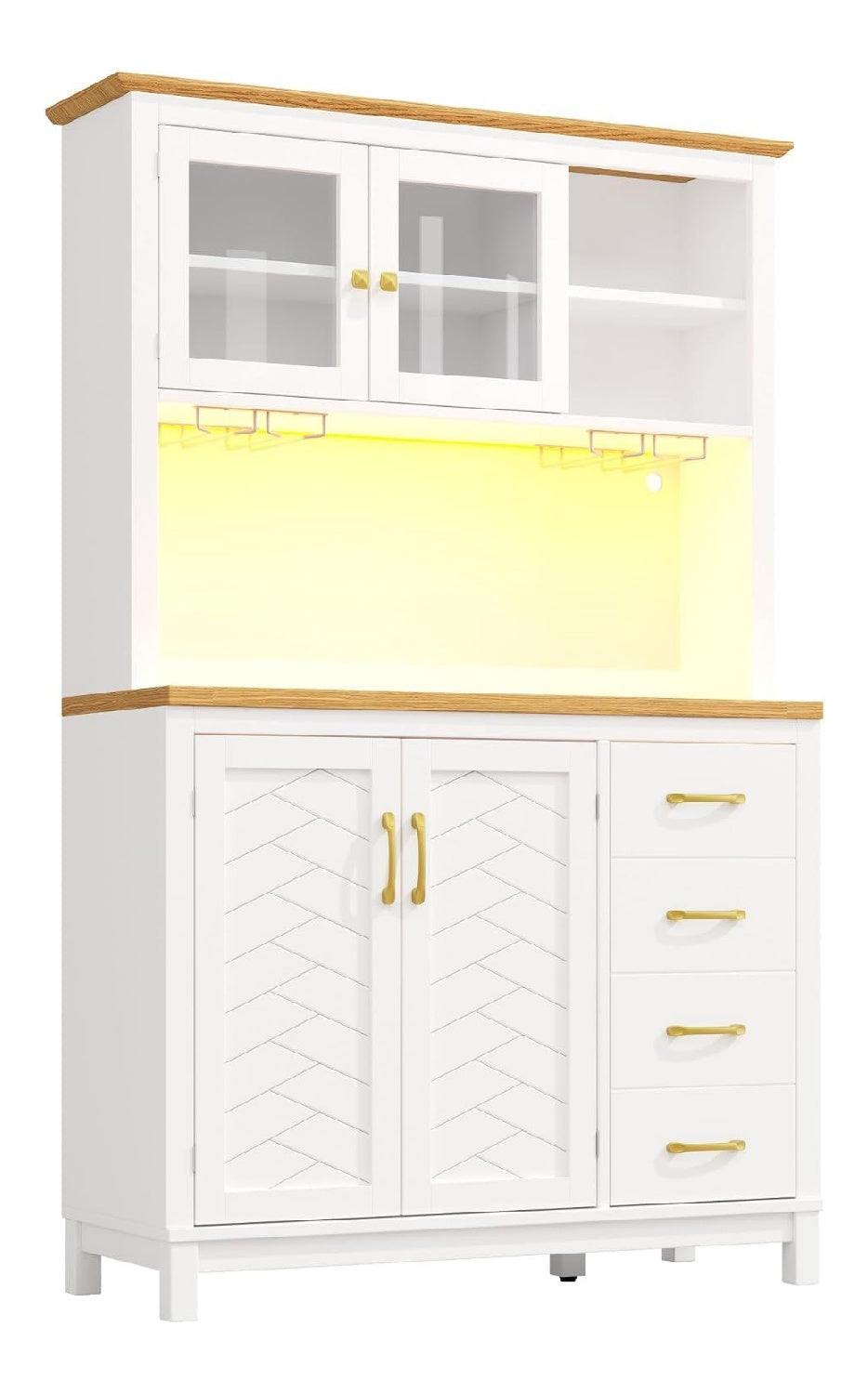 Buffetschrank Wei 105x40x180 cm mit LED-Lichtleiste & Getrankehaltern, Landhausstil 4 Turen, Aufbewahrungsschrank fur Kuche, Wohnzimmer