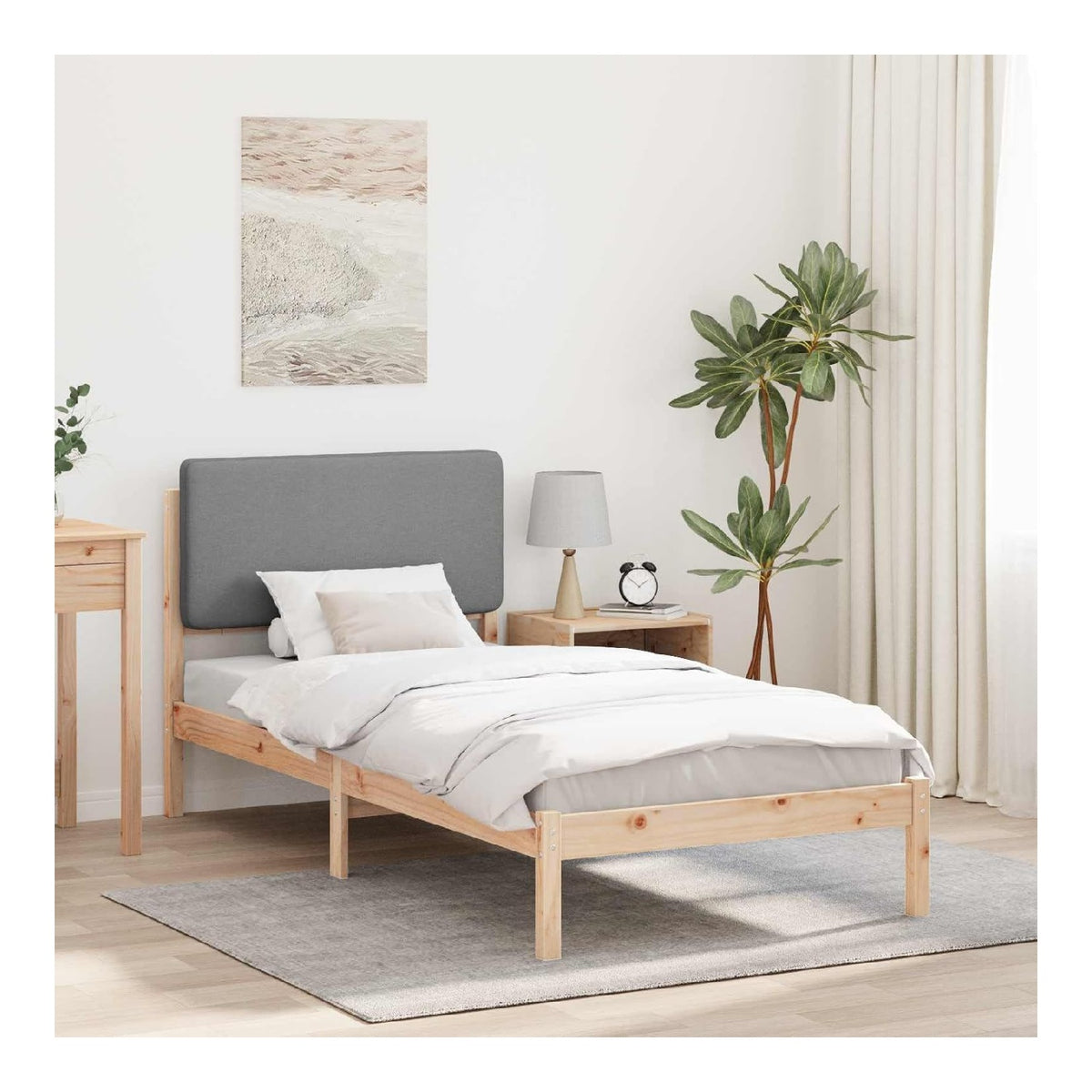 Bettgestell mit gepolstertem Kopfteil, Hellgrau, 100x200 cm, Massivholz Kiefer, Einzelbett, Modernes Schlafzimmermobel