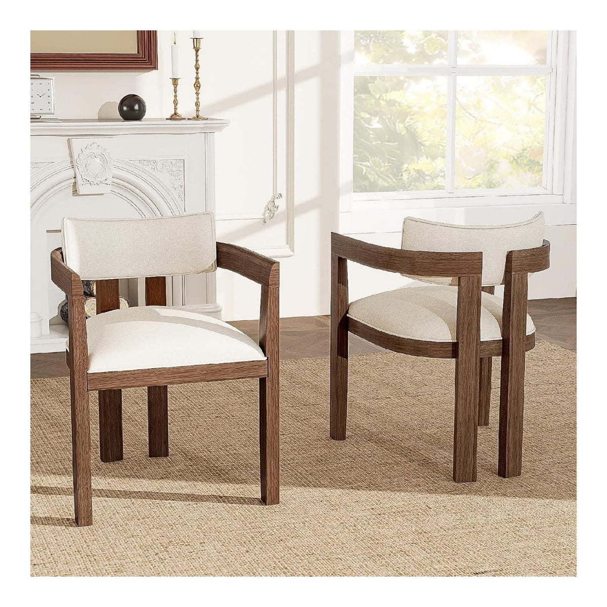 Esszimmerstuhle 2er Set, aus Massivholz mit Armlehnen, Polsterstuhl mit Leinenstoff, modern und bequem, Holzstuhl fur Esszimmer Wohnzimmer Cafe, dunkle Holzfarbe