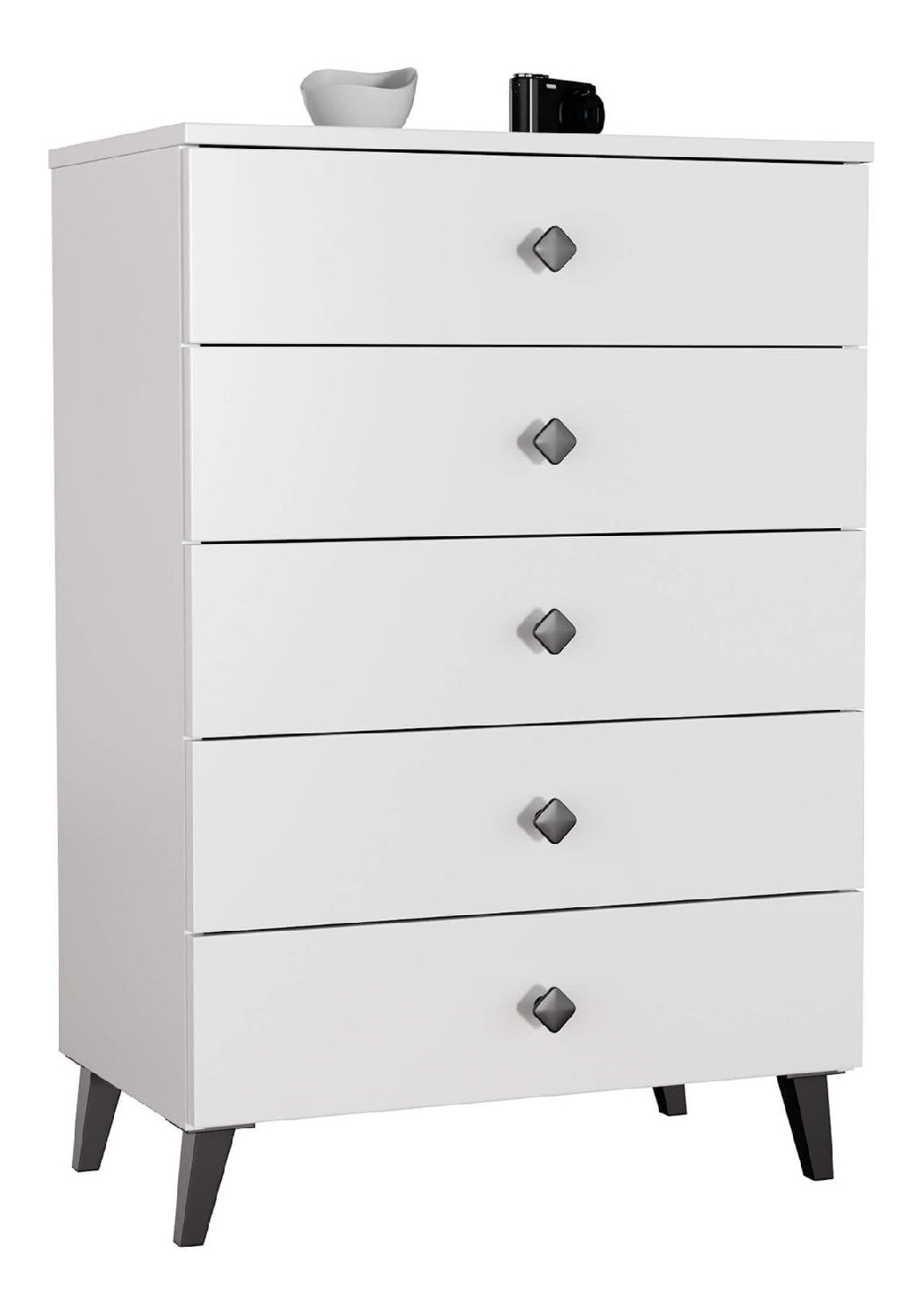 Kommode MOBI mit 5 Schubladen, Schrank fur das Wohnzimmer Schlafzimmer, Moderne, 16mm Laminierte Platte, B60xH89xT37 cm, Farbe Wei & Schwarz