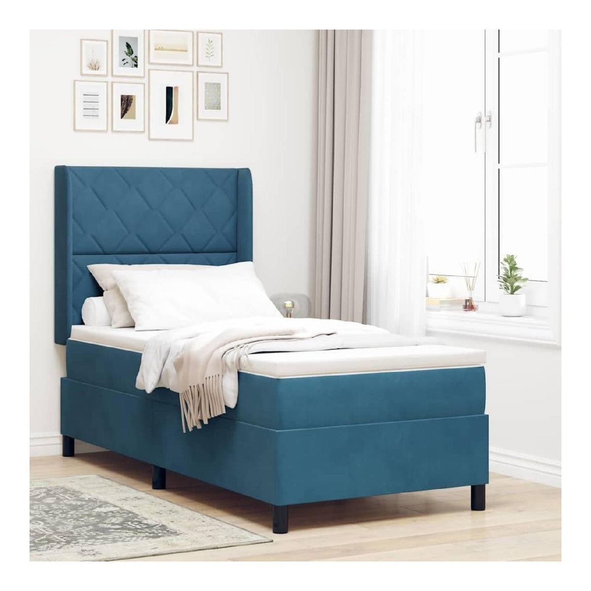Boxspringbett mit Kopfteil Blau 90 x 190 cm Samt,Mobel,Betten & Zubehor,Betten & Bettgestelle,Blau,55.25 KG,3342042