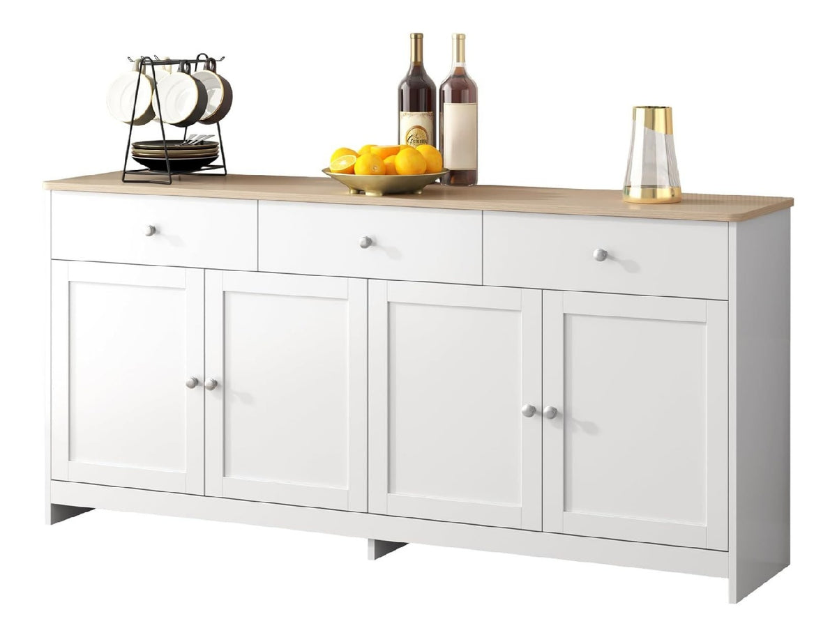 Kommode Landhausstil mit 3 Schubladen und 4 Turen, Wei , 160x37x75 cm, verstellbare Einlegeboden, Holzoptik, Buffet-Schrank fur Wohnzimmer und Esszimmer
