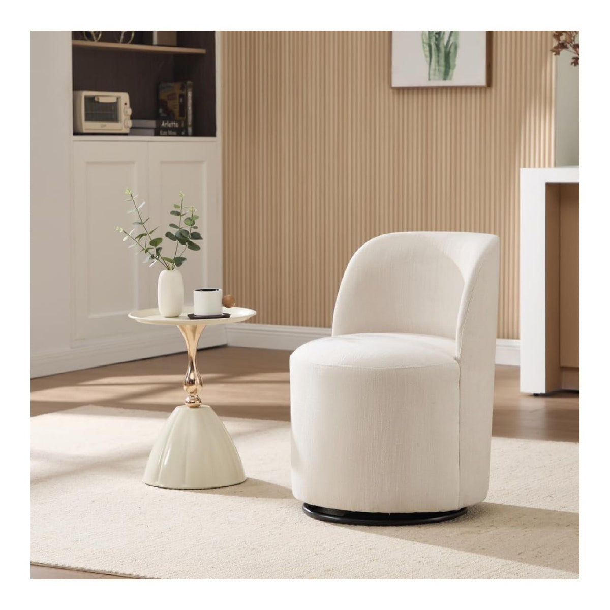 Stuhl, Mid Century Modern Round Leinen Esszimmerstuhl, 360 Grad schwenkbar Comfy Armless Akzent Makeup Eitelkeit Seite Stuhl fur Schlafzimmer Wohnzimmer