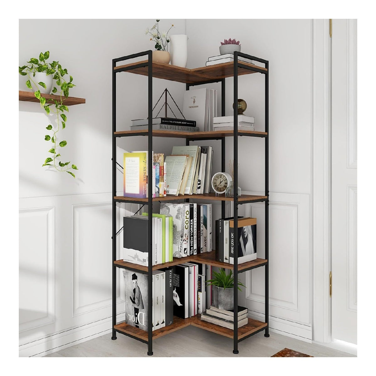 VEDECASA Eckregal 5-stockig Gro es Eck-Bucherregal im Industrie-Stil, Freistehend mit Metallrahmen und Offenen Ablagen, Modernes Eckregal fur Wohnzimmer, Schlafzimmer & Buro