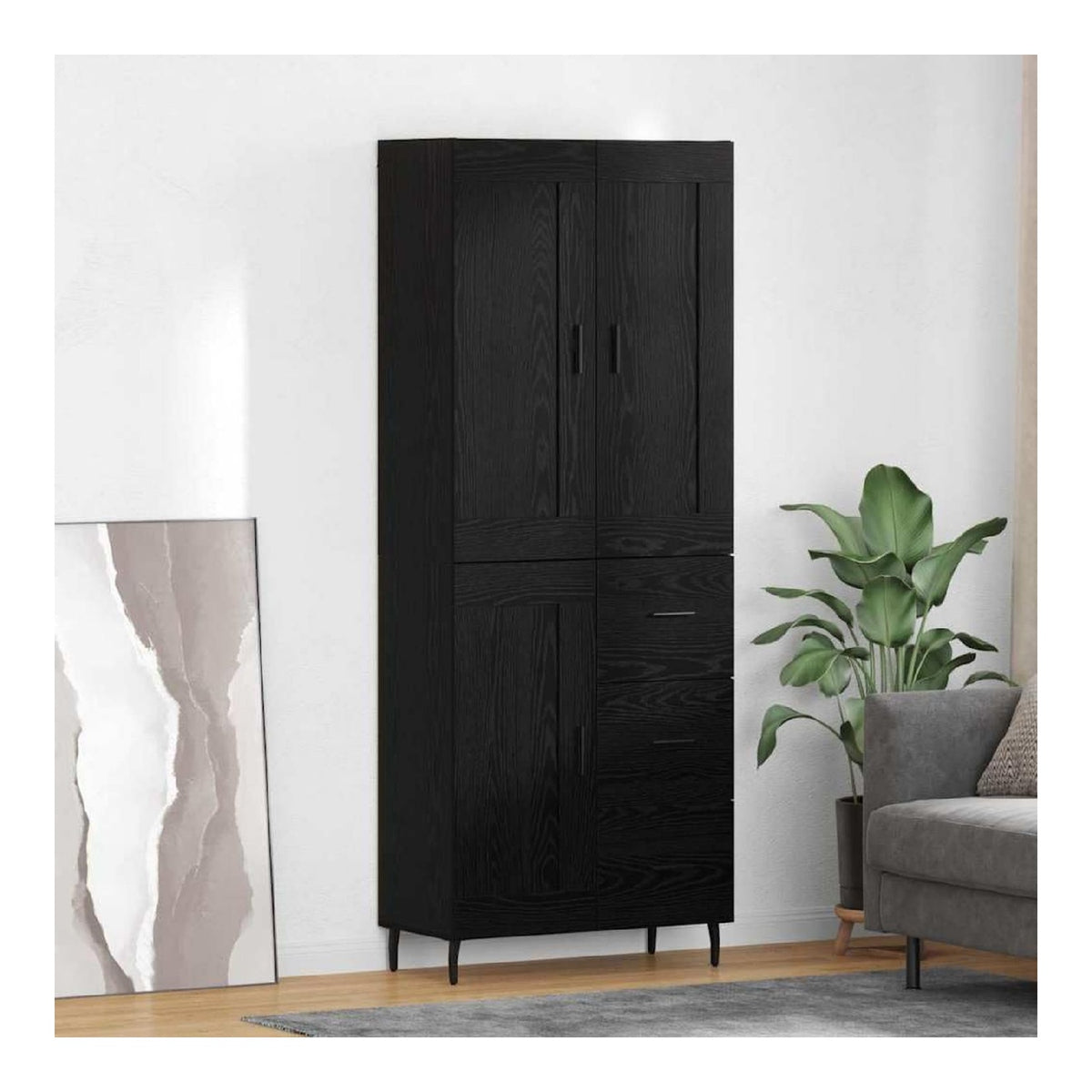 Hochwertiges Sideboard Set Schwarz Eichen-Optik 69,5 x 34 x 180 cm fur Wohnzimmer, Esszimmer und Flur mit Stauraum, robustem Holzwerkstoff, 3 Regale, 1 Tur, langlebige Eisenbeschlage