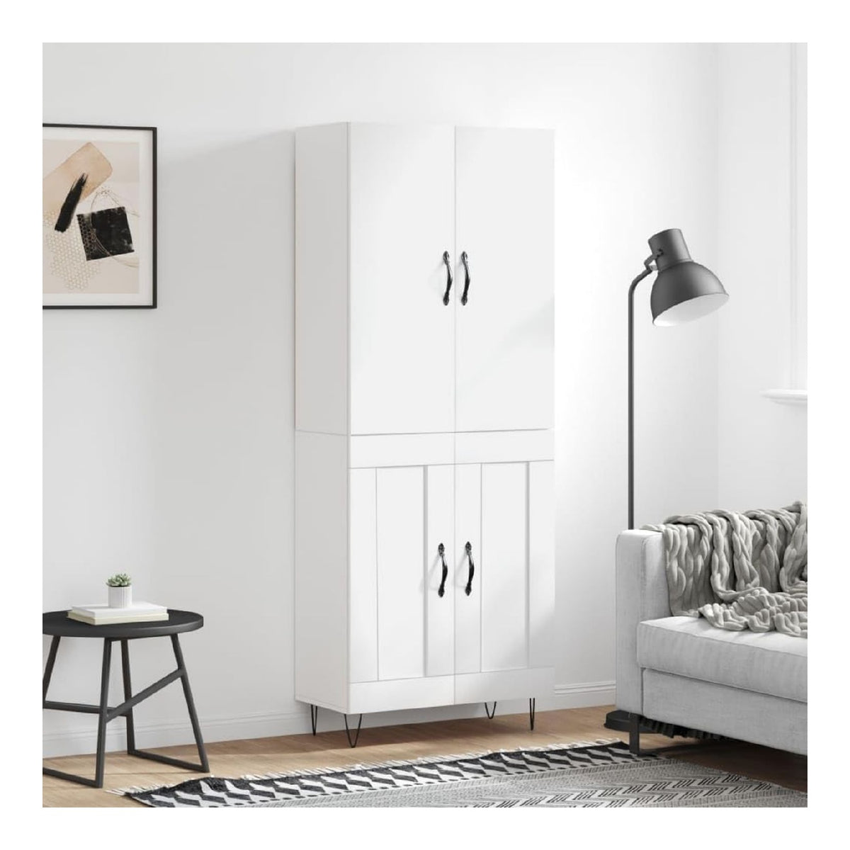 Highboard Weiss 69,5x34x180 cm Holzwerkstoff Stauraumschrank mit Tueren Metallfuessen Fuer Wohnzimmer Esszimmer Stabil
