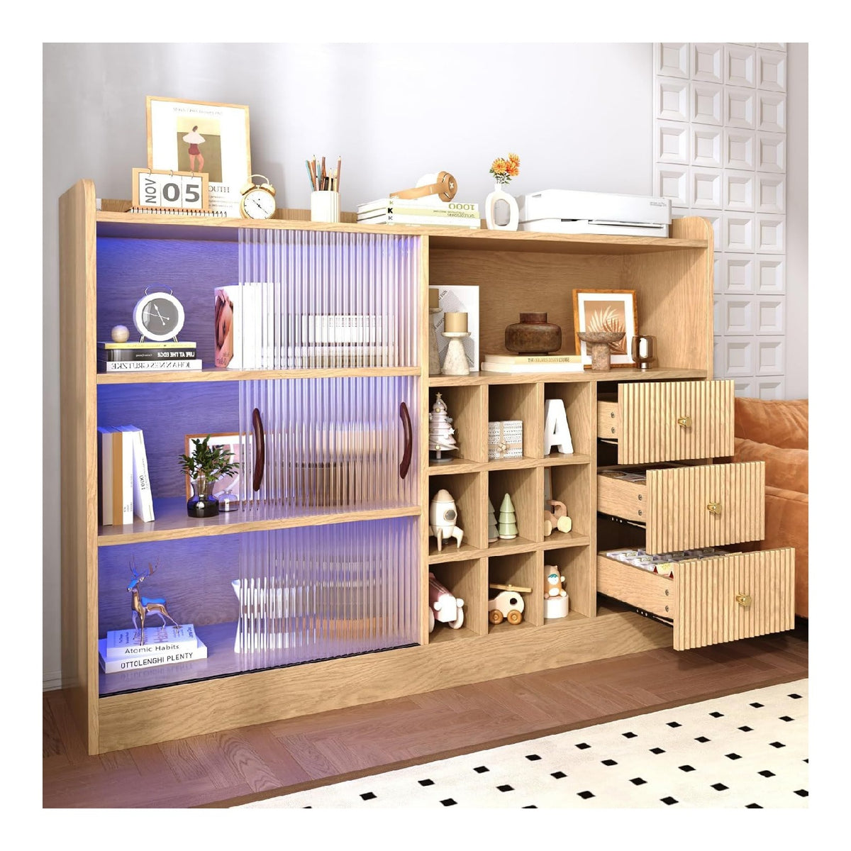 Sideboard 120 cm mit Weinregal, LED, Glas-Schiebeturen und 3 Schubladen