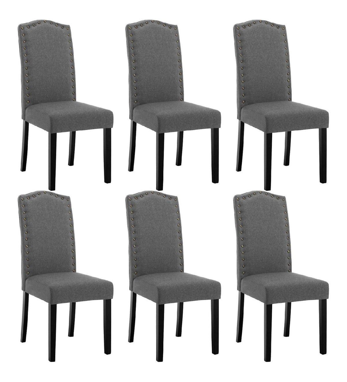 6er Set Esszimmerstuhle, Kuchenstuhl mit hoher Ruckenlehne, Polsterstuhl, Wohnzimmerstuhl, Design Stuhl, mit Massivholzbeinen, gepolstert, Leinen, Dunkelgrau, BH386dgr-6