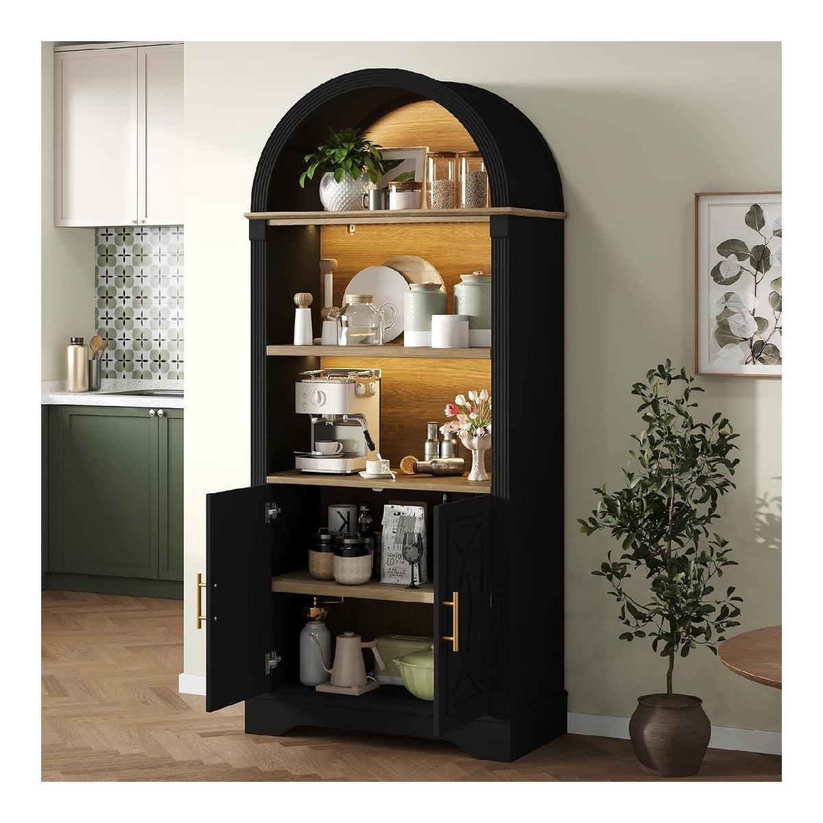 Gewolbter Kuchenschrank mit Schublade&Turen, Multifunktions Vitrinenschrank