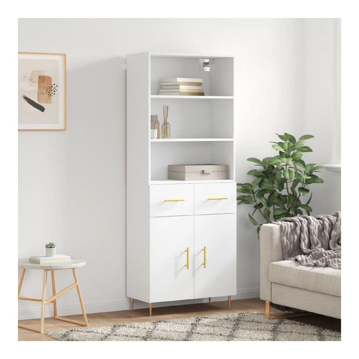 Highboard Weiss 69,5x34x180 cm Holzwerkstoff Schrank mit Tueren Wohnzimmer Schrank Aufbewahrungsschrank mit Metallfuessen stabil Moderne Kommode
