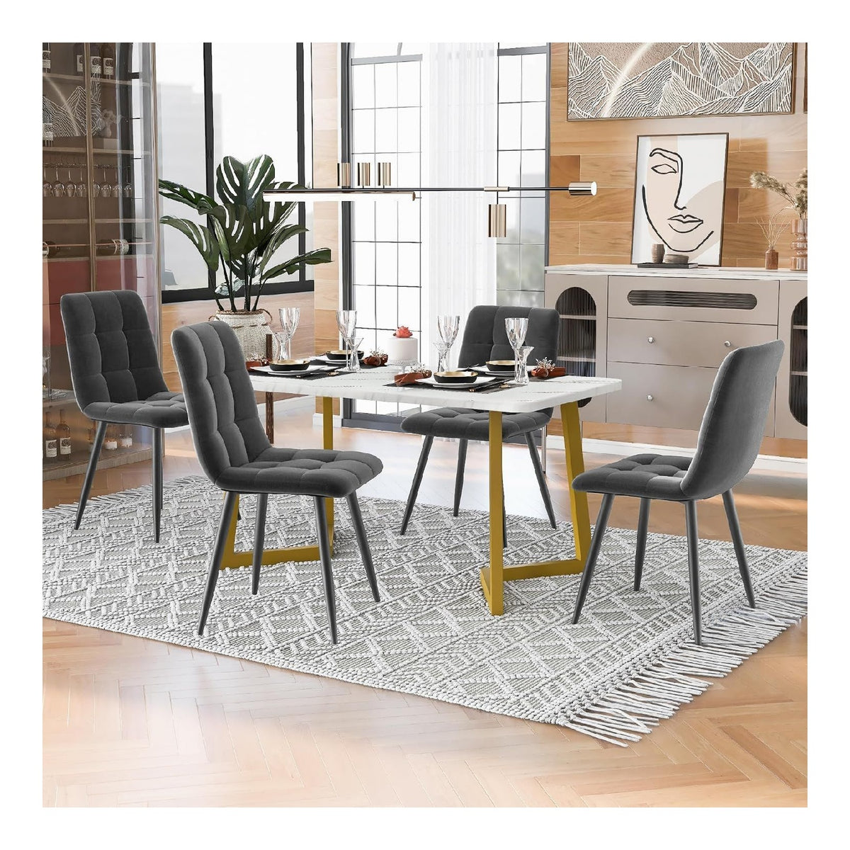 HAUSPROFI Esstisch mit 4 stuhlen, 68x117x75cm Essgruppen, Esszimmertische Kuchentisch mit itzpolsterstuhle, Modern Esszimmermobel Set (Samt, Dunkelgrau+Gold)