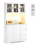 Xbro Kuchenschrank mit Arbeitsplatte, Buffetschrank mit 5 Turen und 3 Schubladen, Sideboard Kuche mit Glasturen, verstellbaren Ablagen, LED und Steckdose, Wei