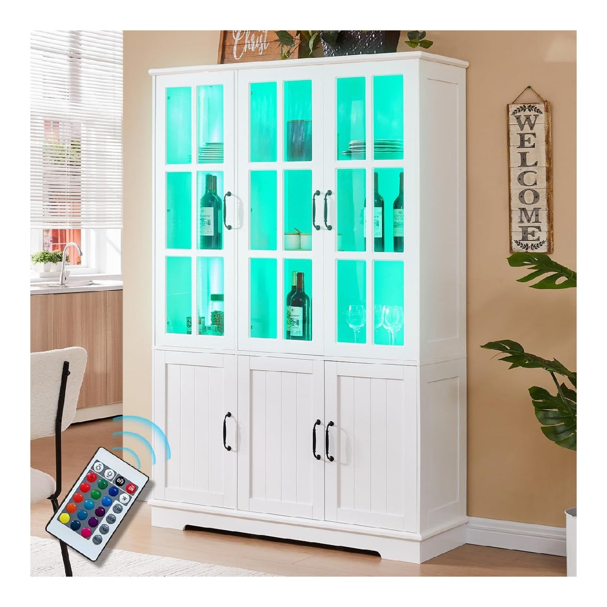 LUXOAK 180 cm Buffetschrank mit LED, 6 Turen, Vitrinenschrank, Wei