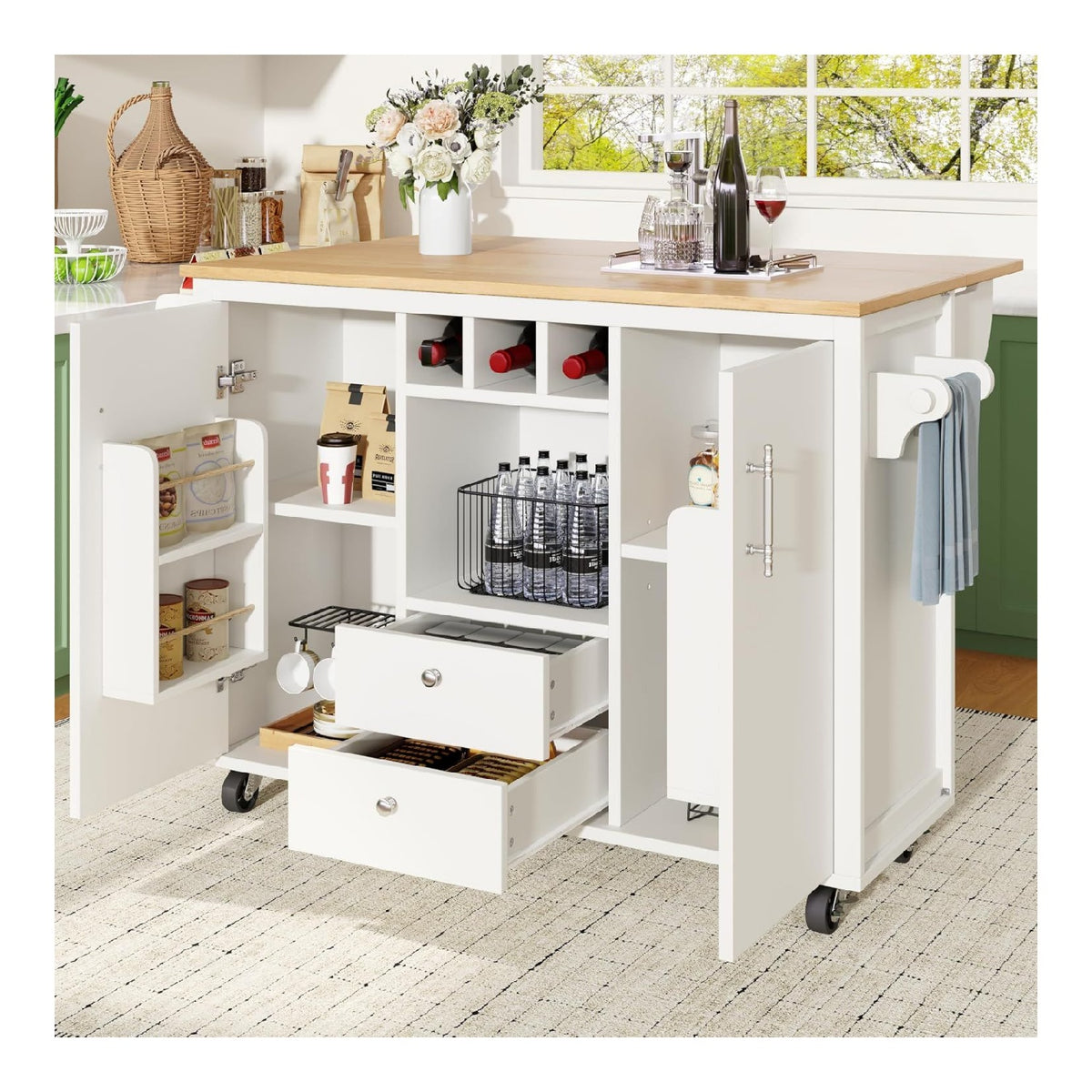 Kucheninsel Kuchenschrank mit abklappbarer Arbeitsplatte, Servierwagen freistehend auf Rollen, Kucheninselwagen mit Schubladen, Turen, Weinregal, Gewurzregal, Speisewagen fur Esszimmer, Wei