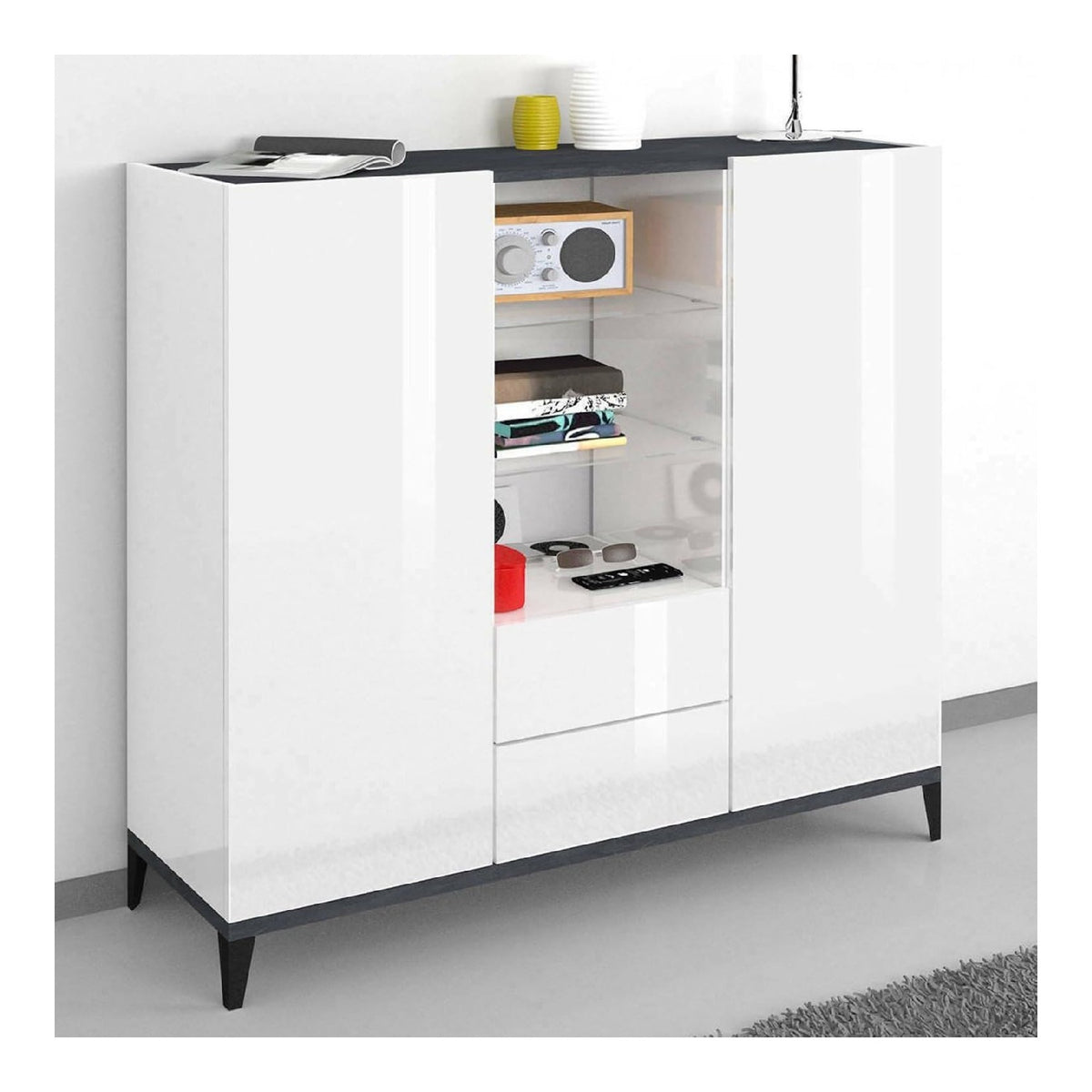 Kommode Niccolo, Kuchen-Sideboard mit 2 Turen und 2 Schubladen, Wohnzimmer-Buffet, 100 % Made in Italy, 120 x 40 x 133 cm, glanzendes Wei und Schiefer