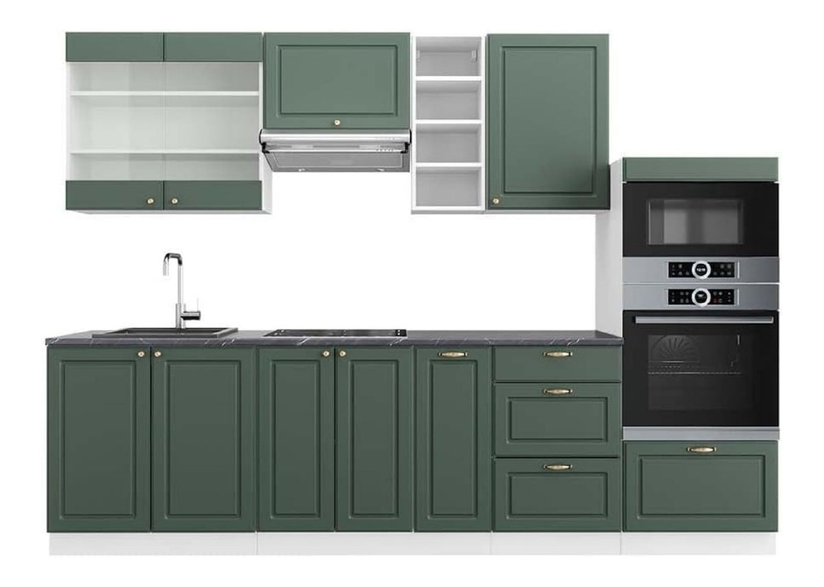 Kuchenzeile Fame-Line, Grun-Gold Landhaus/Wei , 280 cm