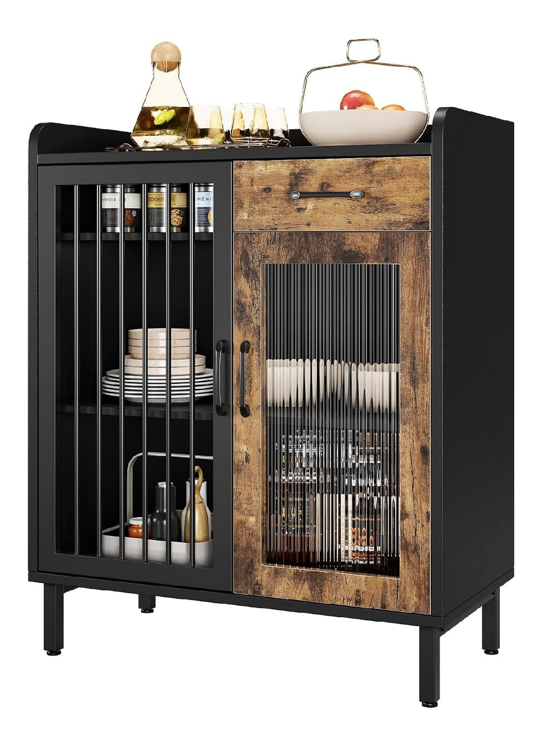 GAOMON Modernes Buffet-Sideboard Kuche Aufbewahrungsschrank mit Regalen und Glasturen Metall Buffetschrank mit Schubladen Kaffeebar Bodenschrank Schrank fur Esszimmer Schwarz