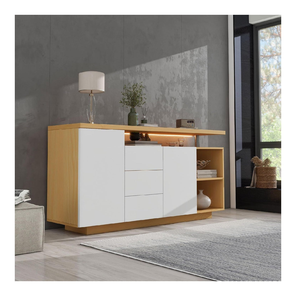Multifunktionales Sideboard 140 cm, Wei & Holzimitat - 2 Turen, 3 Schubladen, 2 Offene Facher, LED-Beleuchtung
