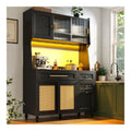 Kuchenschrank Buffetschrank mit LED Sideboard fur Kuche, Hochschrank mit Arbeitsplatte, Rattan-Schiebetur, Schubladen, Verstellbaren Einlegeboden, Moderner Vorratsschrank, Landhausstil, Schwarz
