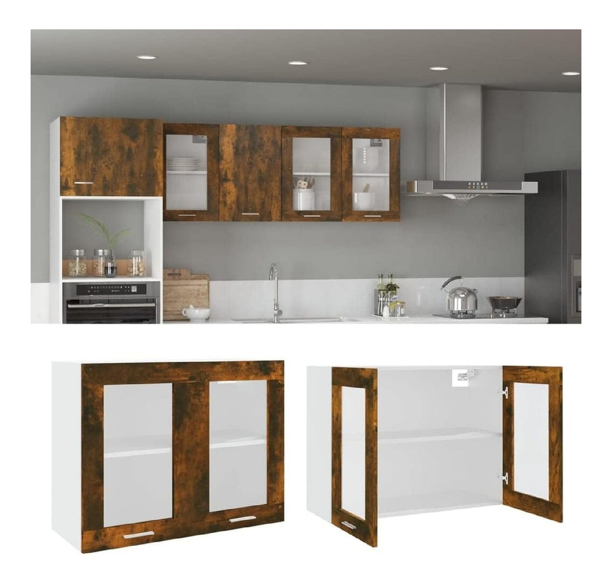 Hangeschrank 80x31x60 cm Kuchenschrank Kuchenzeile Wandschrank Fur Kuche Schrank Badezimmerschrank Badezimmermobel Cabinet Hangend Rauchereiche Holzwerkstoff Glas mit Turen