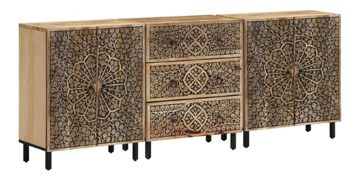 3er Beistellschranke aus massivem Mangoholz 60 x 33 x 75 cm mit Eisenbeinen, Sideboard, Kommode, Anrichte, Buffet, Aufbewahrung und Stauraum fur Wohnzimmer, Flur, Deko