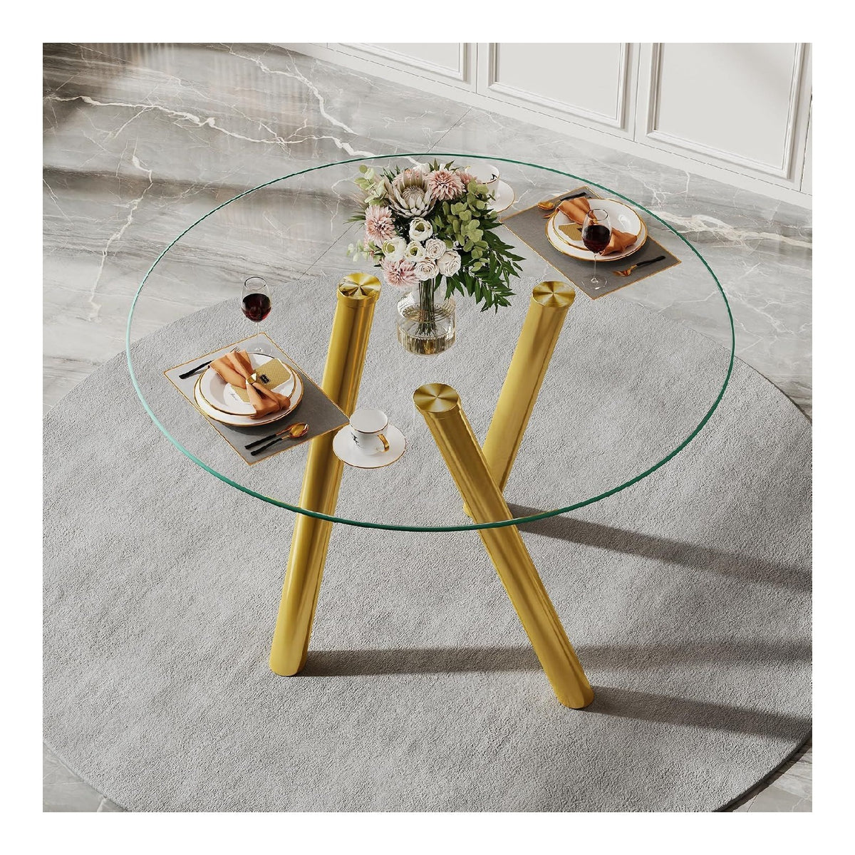 Runder Esstisch 89 cm: Gehartetes Glas, Goldene Metallbeine