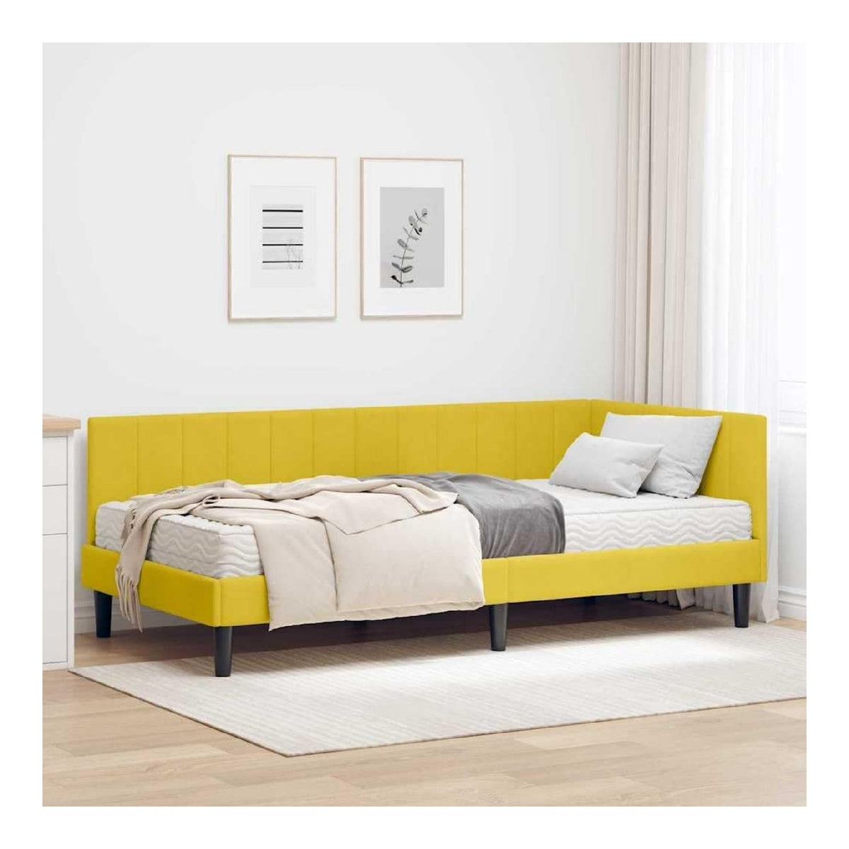 Eckbettgestell mit Matratze Gelb Samt Polsterbett 90x190 cm mit Kopfteil und stabilem Holzrahmen fur Schlafzimmer Gastezimmer Kinderzimmer modernes Schlafsofa mit mittelfester Matratze