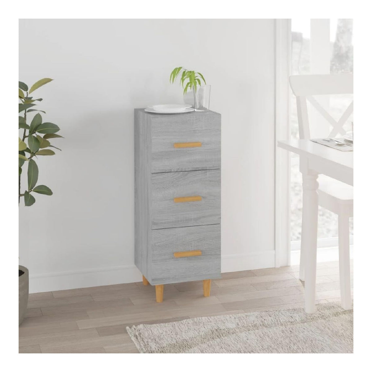 Sideboard Grau Sonoma, 34,5x34x90 cm, aus Holzwerkstoff mit 3 Schubladen, Robustes Schlafzimmer-Mobel fur Kleidung und Organizer-Aufbewahrung