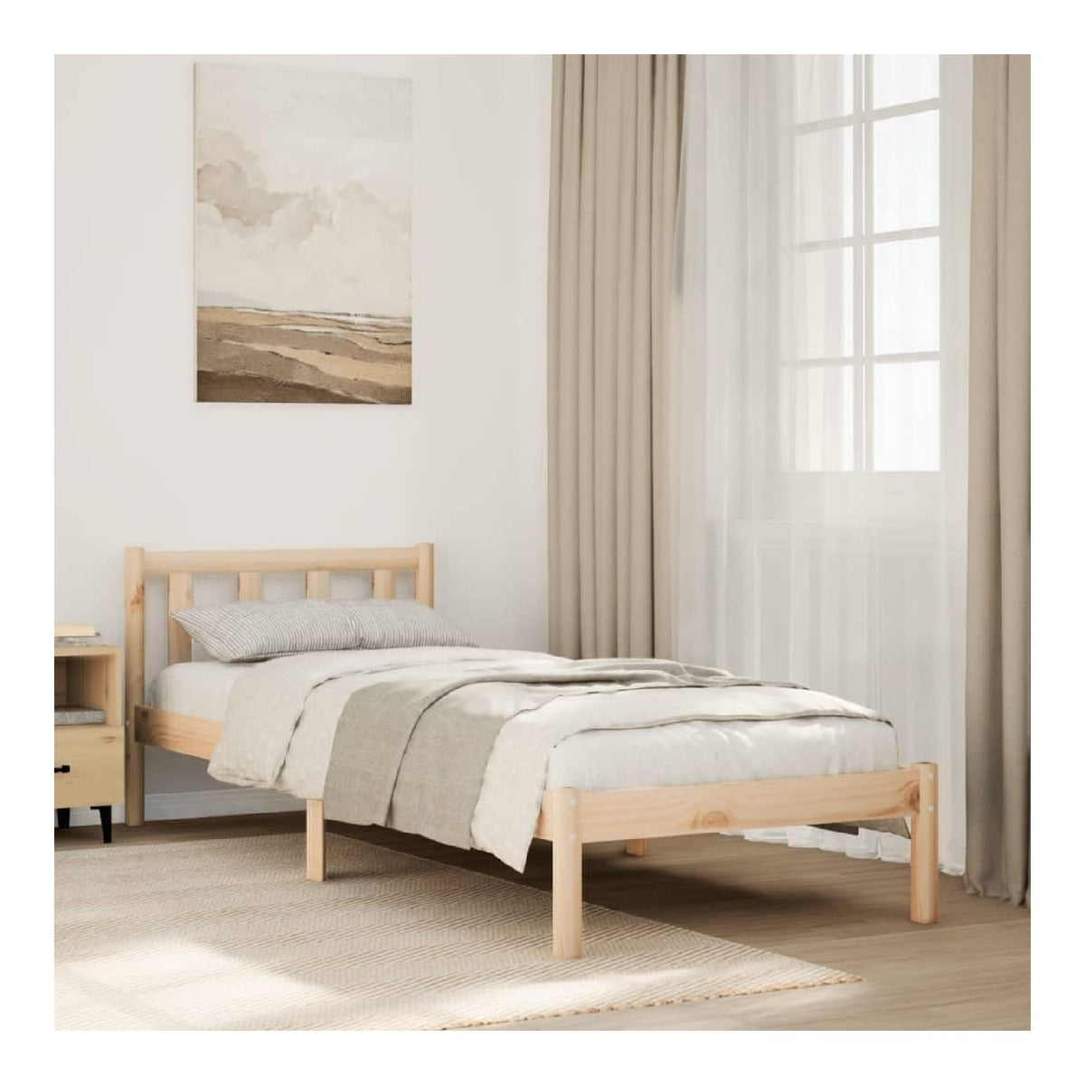 Massivholzbett Extra Lang, 80x210 cm Kiefernholz, unbehandeltes Bettgestell mit Lattenrost und Kopfteil, robuste Schlafzimmer-Mobel