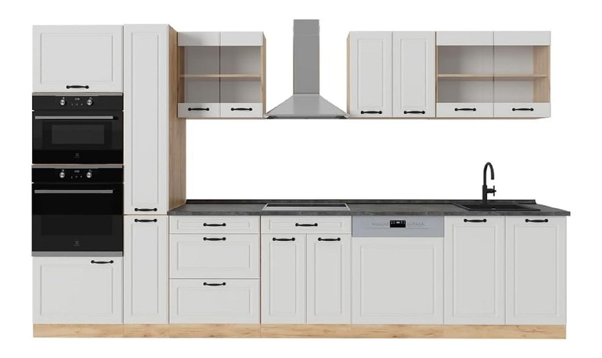 Kuchenzeile R-Line, Wei Landhaus/Goldkraft Eiche, 350 cm