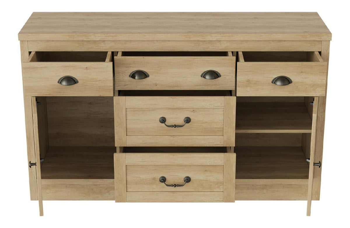 Sideboard,Aufbewahrungsschrank mit 5 Schubladen und 2 Turen,Kuchenschrank mit Bogenformiges Design Griff,135x39.8x80cm,Moderner Industriewind,Buffets fur Kuche,Wohnzimmer, Holzfarbe