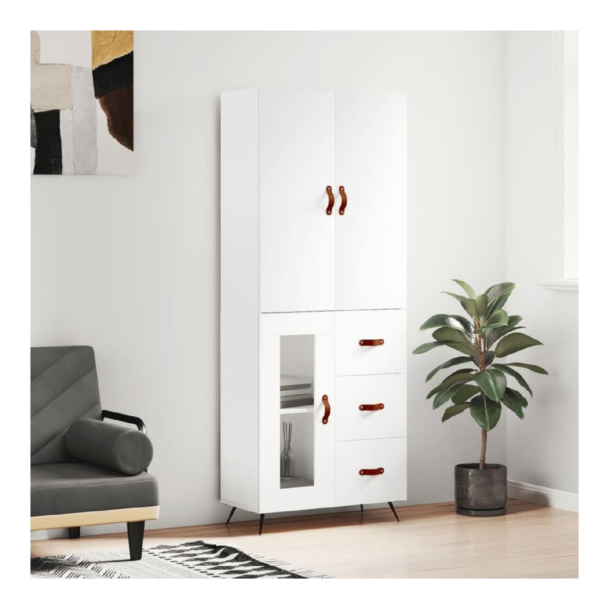 White highboard 69,5x34x180 cm Engineered Wood, Sideboard, anrichte, kommode, Buffet Schrank, vitrine for Wohnzimmer esszimmer kuche Flur, Storage and Ordnung