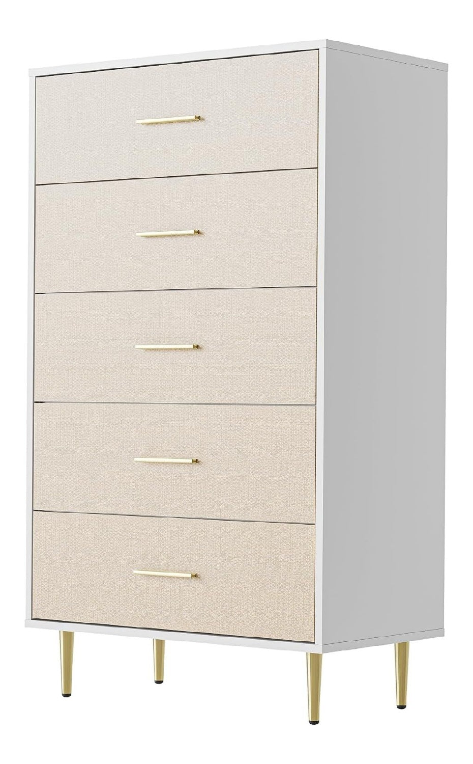 Schmale Holzkommode Mit 5 Schubladen - Hoher Aufbewahrungsschrank Mit Goldfarbenen Metallgriffen Und Eleganten Standfu en, Vielseitig Einsetzbar Fur Schlafzimmer, Wohnzimmer Oder Flur