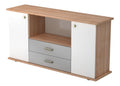 bumo Sideboard Nussbaum/Wei mit Flugelturen & Regal - Buromobel Sideboard mit Schubladen Holz 166cm breit, 45cm schmal, Buro Schrank fur Flur oder als Wohnzimmer-Kommode mit Streifengriff