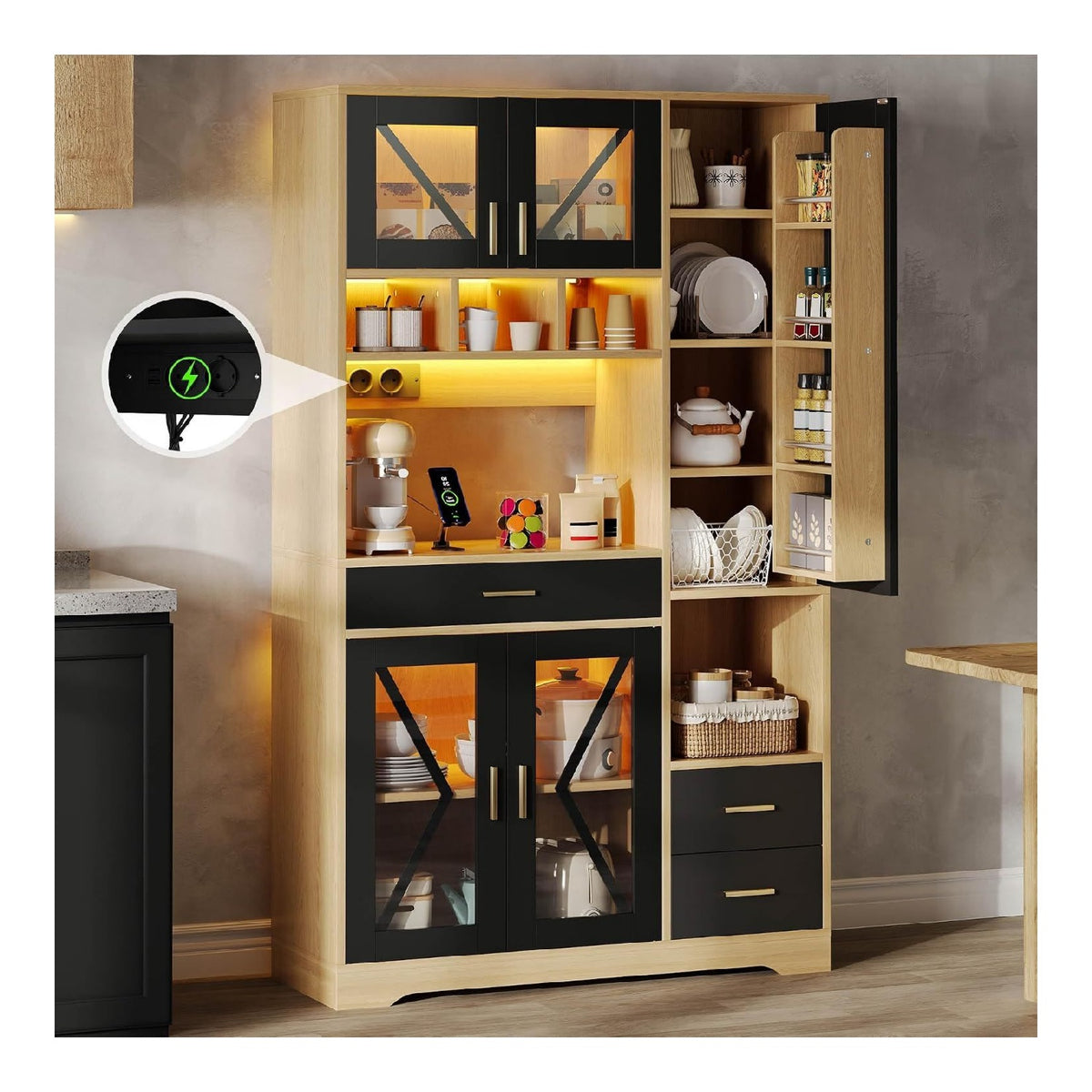 Kuchenschrank, Buffetschrank mit LED, 3 Schubladen, Steckdosen, 4 Offenen Regalen, Verstellbare Einlegeboden, Gewurzregal und 4 Glastur, Kuchenbuffet, Kuchenmobel, 105 x 40 x 185 cm (Schwarz+Natur)