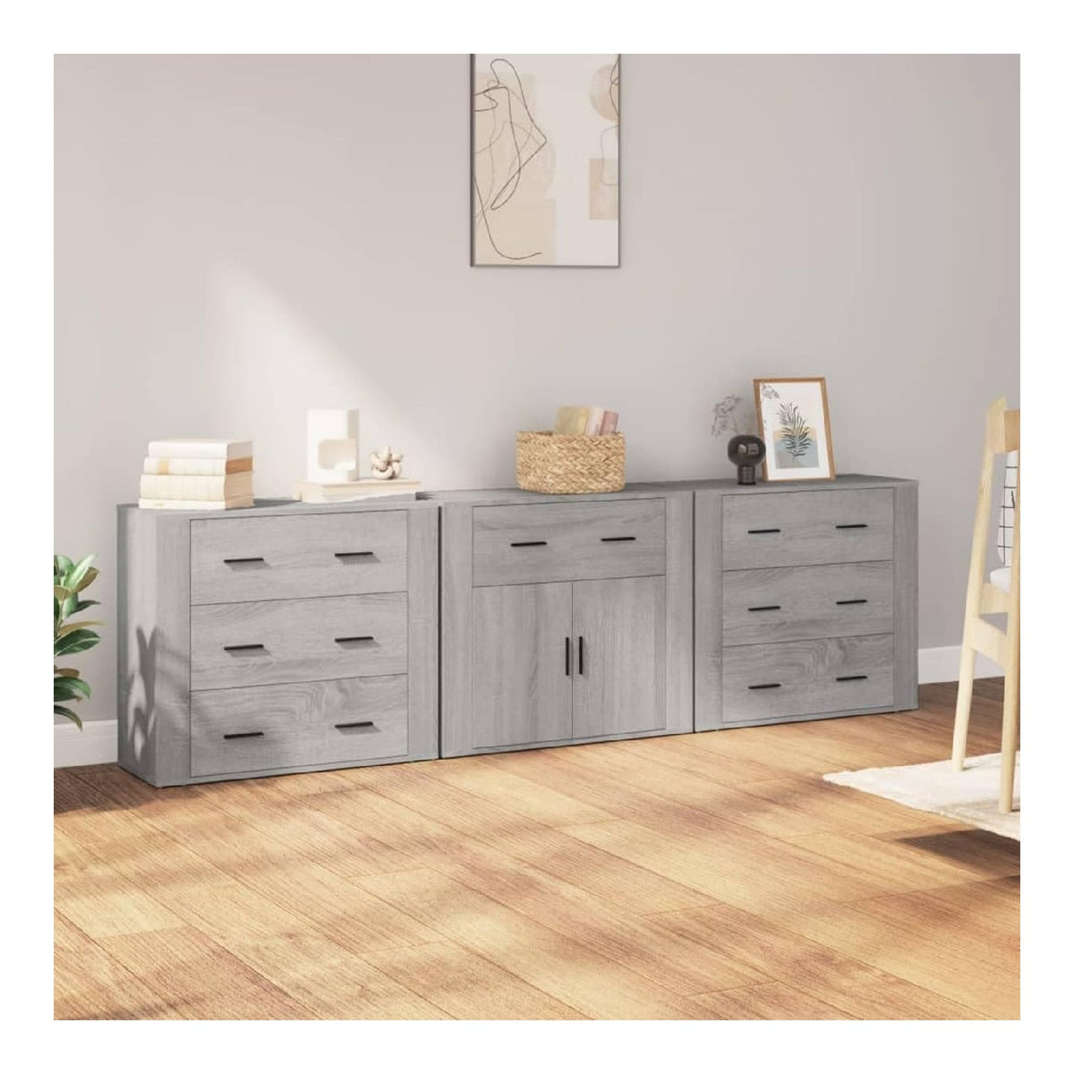 Sideboards fur Wohnzimmer, 80 x 33 x 70 cm, 3 Stuck, Sonoma-Grau, Holz, mehrschichtig, feuchtigkeitsbestandig, klassischer Stil, Esszimmer, Buffet, Ausstellungsfunktion, robuste Arbeitsplatte