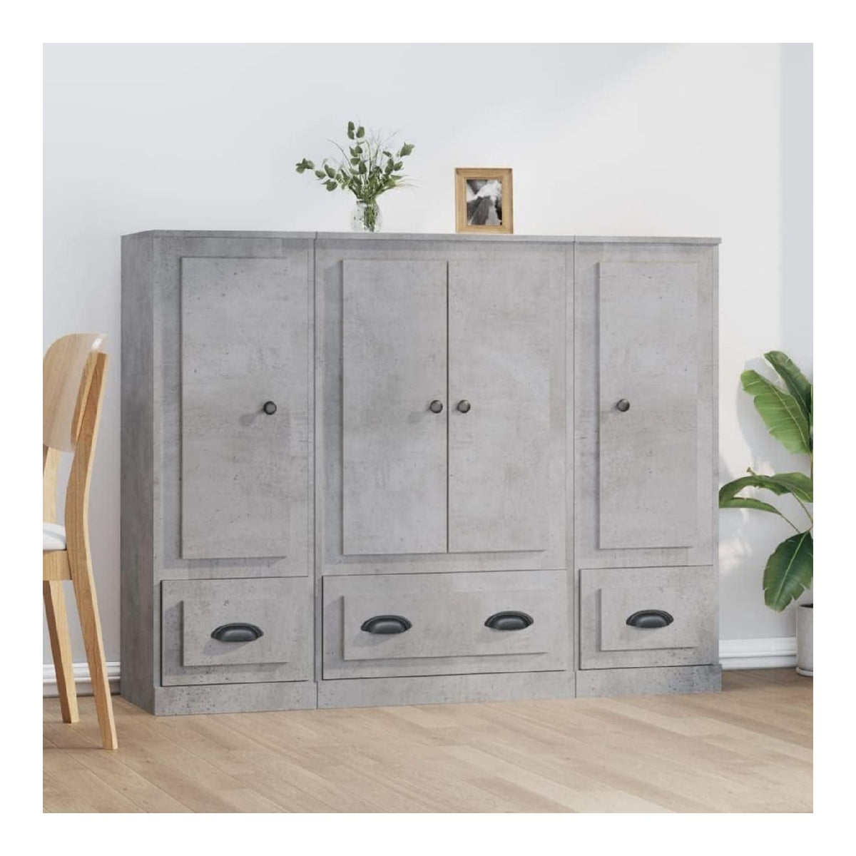 Betongrau Highboards 3er Set Holzwerkstoff Standregal Wohnzimmer Schrank mit viel Stauraum Zeitloses Design stabil 132x35,5x103,5 cm Kuche Flur Buro Mobel Set