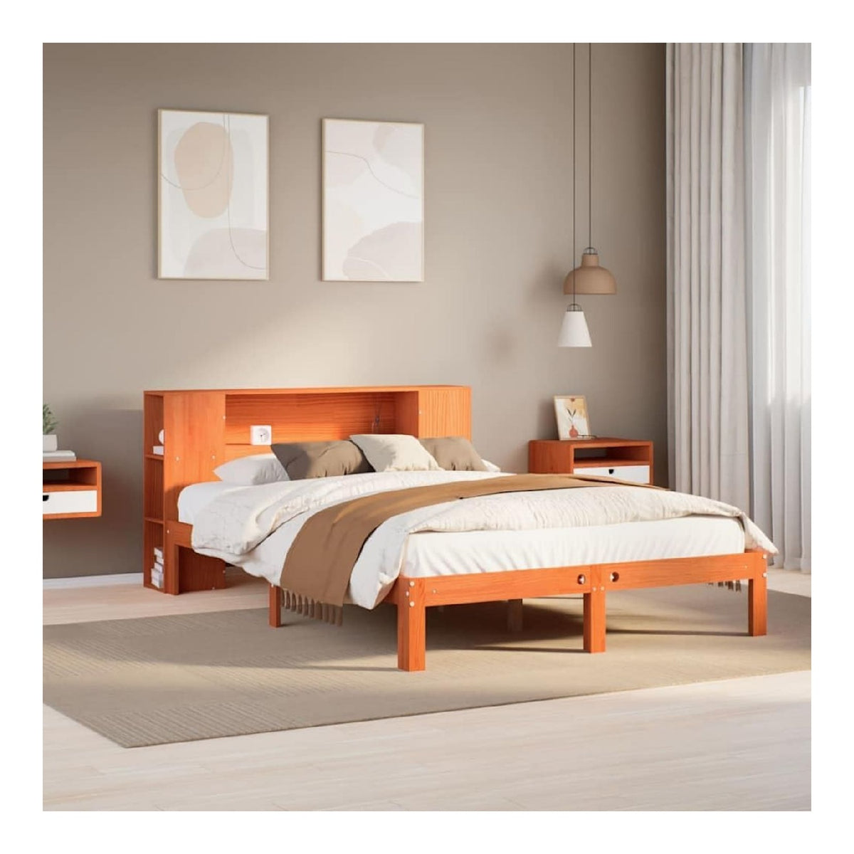 Massivholzbett aus Kiefernholz, wachsbraun, mit Regal-Kopfteil, 135x190 cm Bett, stabiles Plattformgestell fur Schlafzimmermobel, ohne Matratze, platzsparend