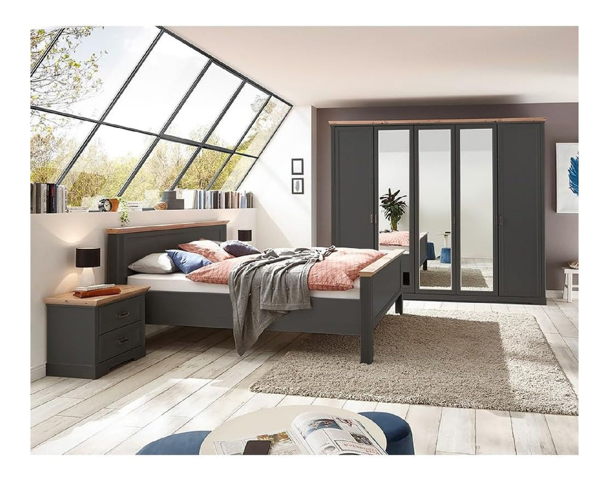 Schlafzimmermobel Set 4-teilig mit Bett 180x200cm, 2X Nachttisch, Kleiderschrank in Graphit mit Eiche Landhaus
