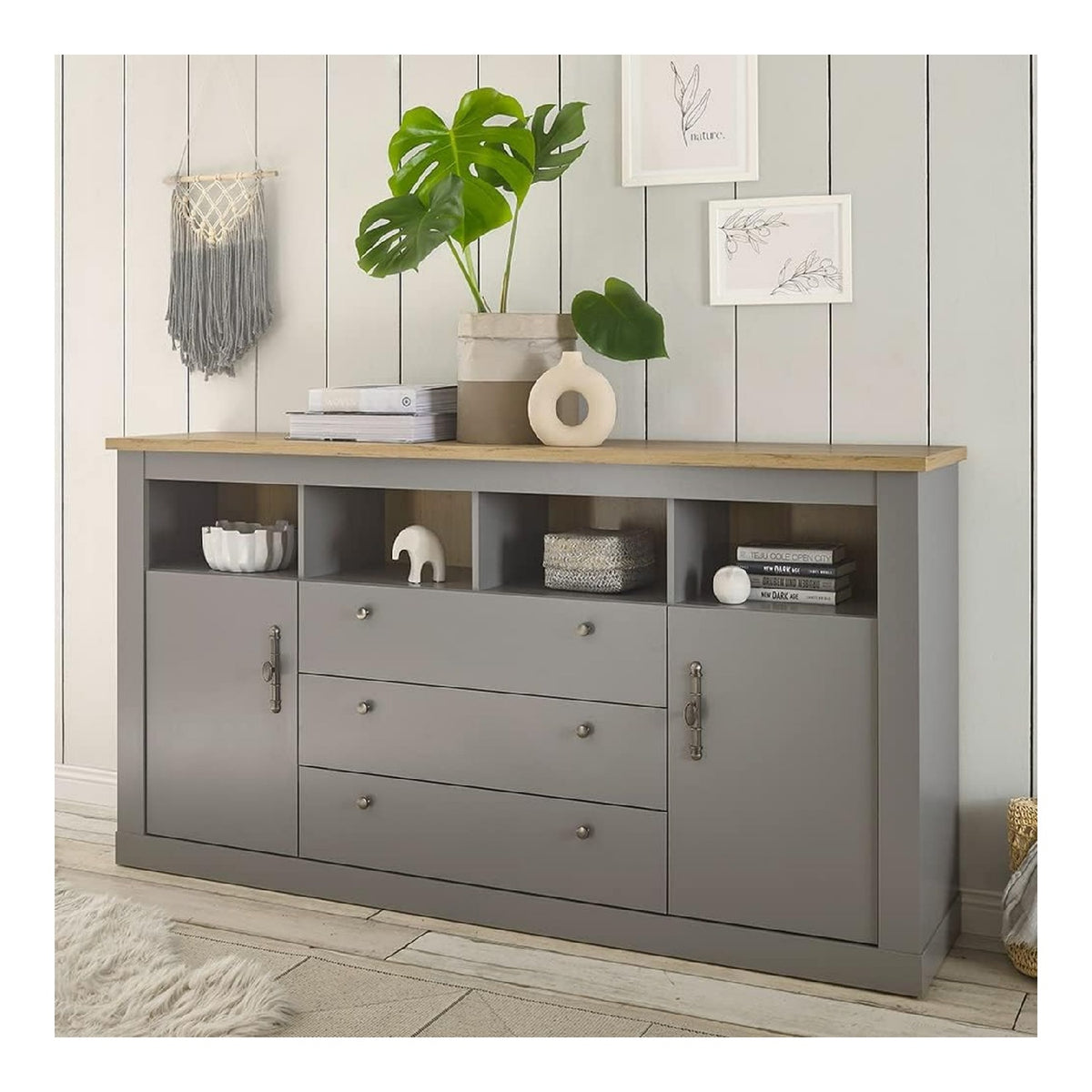 Wohn-/Esszimmer Landhaus Sideboard in grau mit Artisan Eiche Nb., B/H/T ca. 198/104/44 cm