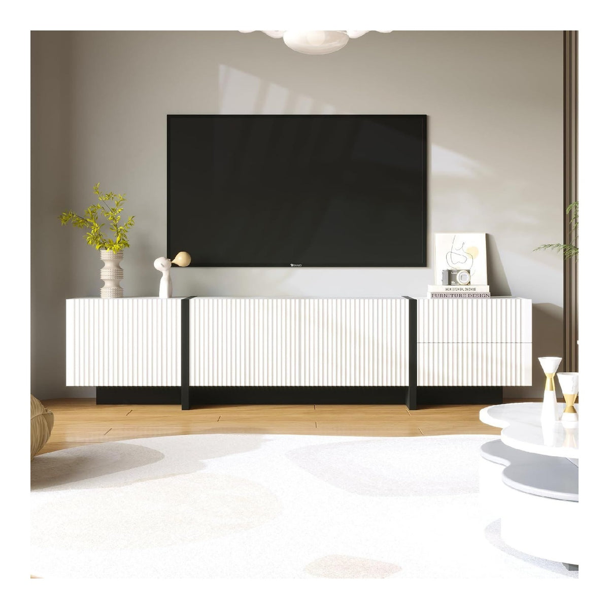 190cm TV Lowboard mit 3 Turen, TV Board mit 2 Schubladen, Modern Fernsehschrank, Fernseher Schrank fur Wohnzimmer, TV Schrank, Wei und Schwarz