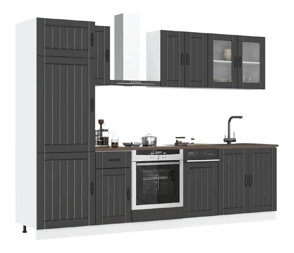 8-TLG. Kuchenschrank-Set Kalmar Schwarz Holzwerkstoff mit vielseitigem Stauraum fur Kuchen, Unterschranke, Hangeschranke, Vorratsschrank, Sideboard, Kommode, Buffet, Hochschrank