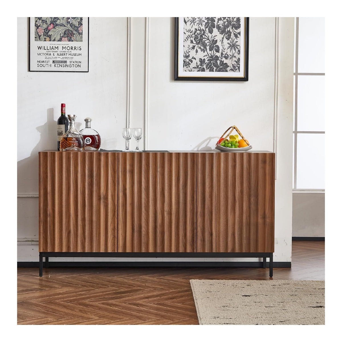 Sideboard 150 cm, mit 3 Turen und Verstellbaren Einlegeboden, 3D-Wellendesign, Push-to-Open, Kippsicherung, Dunkle Eichenoptik, fur Wohnzimmer, Esszimmer und Flur